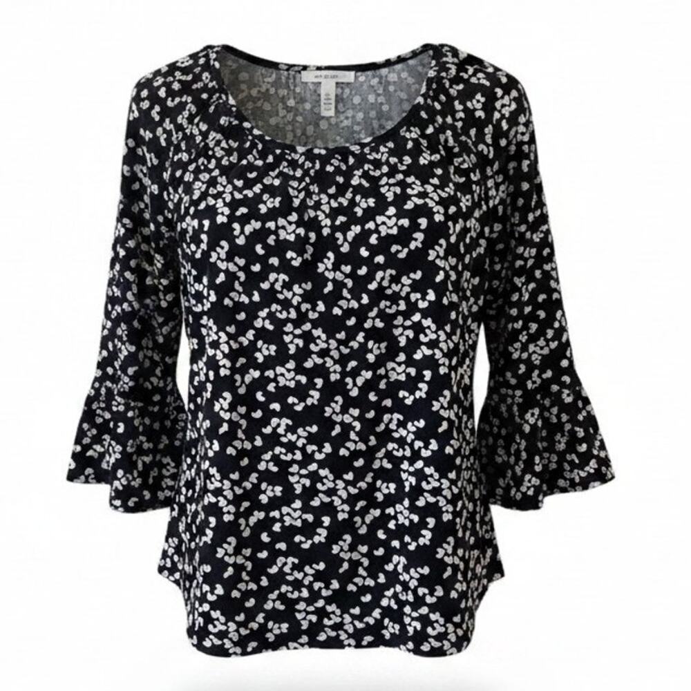 Michael Kors Womens Black and White Blouse Bell Sleeve Scoop Neck Size L